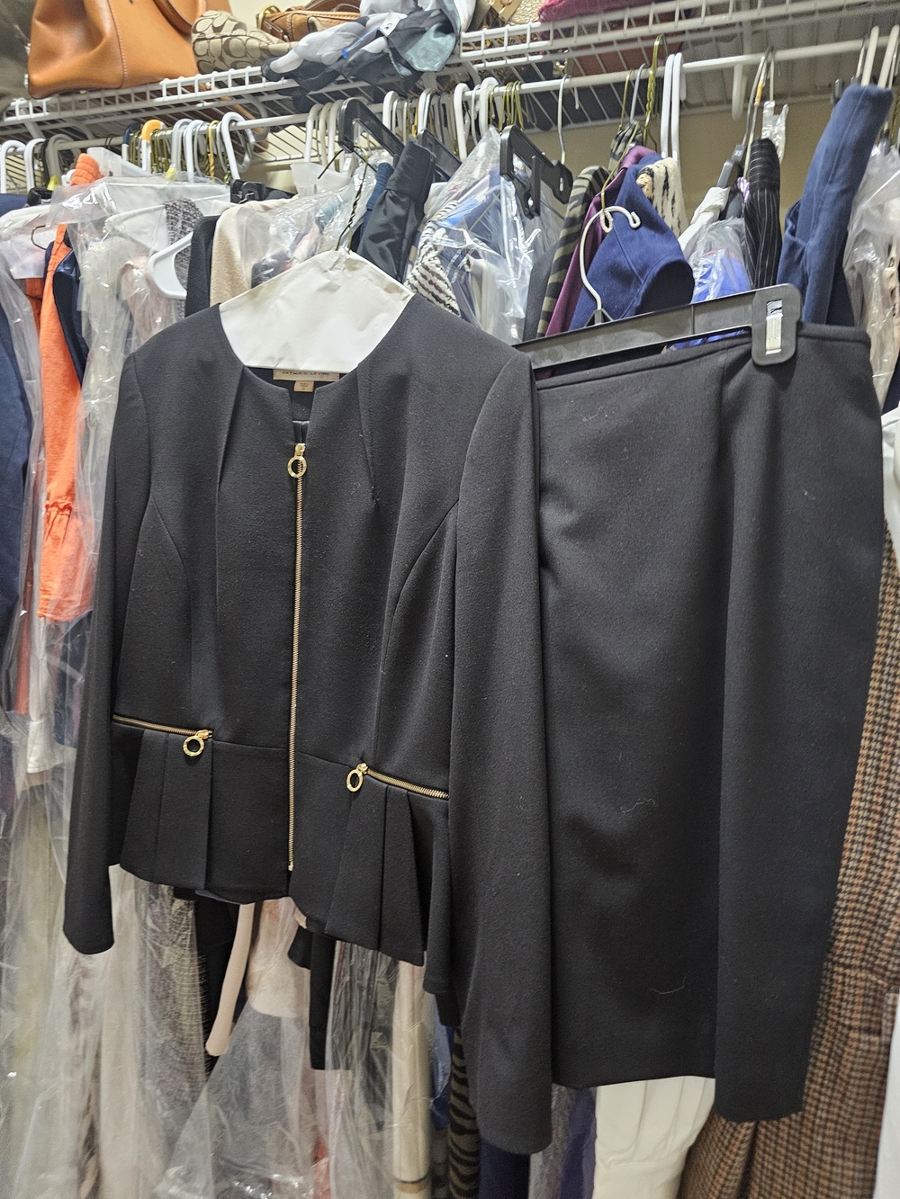 Women's Black Zippered Skirt Suit Set - Sophisticated Office Ensemble